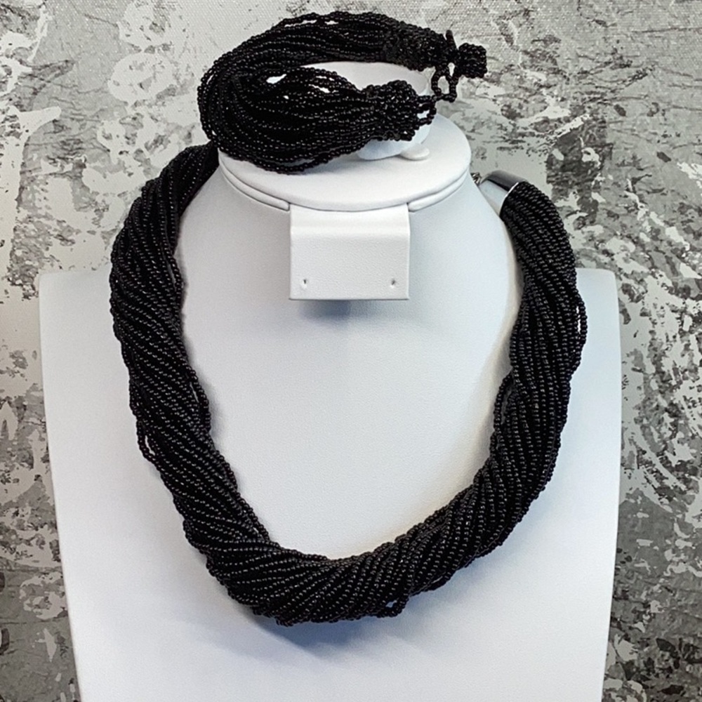 Black Seedbead Necklace with Vintage Similar Bracelet Set